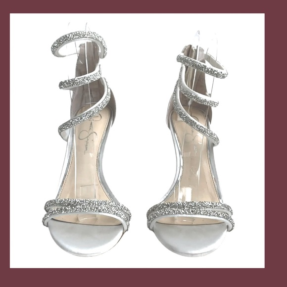 New Jessica Simpson Jamalee White Satin Beaded Rhinestone Stiletto Sanda… - Picture 1 of 10